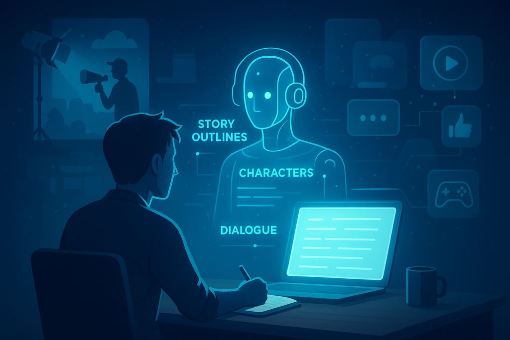 AI Script Writing generating story ideas, characters, and dialogue for film, games, and interactive media