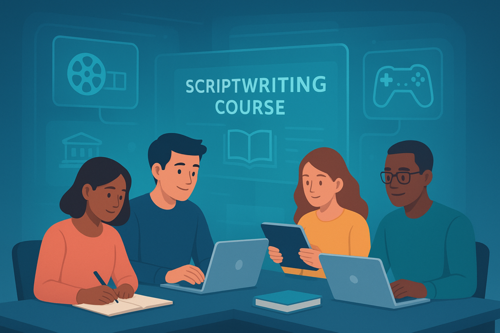 Students learning scriptwriting programs online for films, games, and competitions