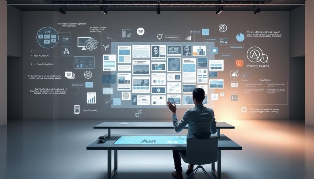 A digital art tableau depicting the benefits of AI-powered content creation. In the foreground, a human artist sits at a sleek, minimalist workstation, their hands hovering over a futuristic touchscreen interface. Surrounding them, dynamic visualizations and data streams illustrate the creative potential of AI, from intelligent content suggestions to predictive analytics. In the middle ground, a holographic display showcases a diverse array of media formats - articles, social posts, videos, and graphics - all generated seamlessly by intelligent systems. The background is a softly lit, ultramodern studio environment, with clean lines, muted tones, and a sense of technological sophistication. Subtle lighting and depth-of-field effects draw the viewer's attention to the central figures and their AI-enhanced creative workflow.