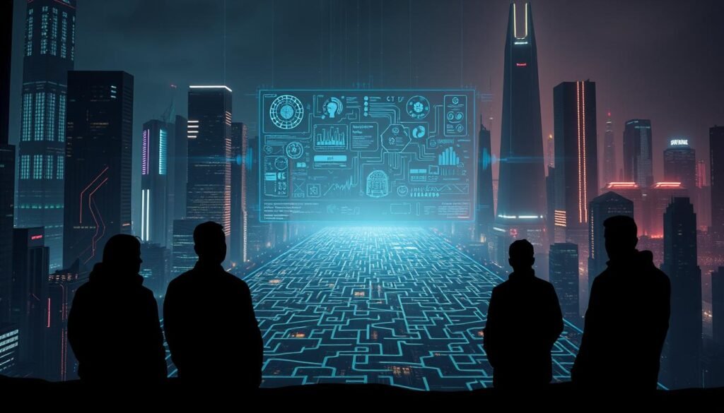 A dimly lit futuristic cityscape, with towering skyscrapers illuminated by neon hues. In the foreground, a holographic interface displays complex data visualizations, representing the intricate web of ethical considerations surrounding AI systems. Shadowy figures, representing diverse stakeholders, stand in contemplation, their faces etched with concern. The middle ground is occupied by a maze of interconnected pathways, symbolizing the labyrinth of moral dilemmas faced by AI developers and users. In the background, a looming AI monolith casts an ominous presence, hinting at the profound societal impact of these emerging technologies. The overall scene conveys a sense of unease and the need for thoughtful, nuanced approaches to navigating the ethical challenges inherent in AI.