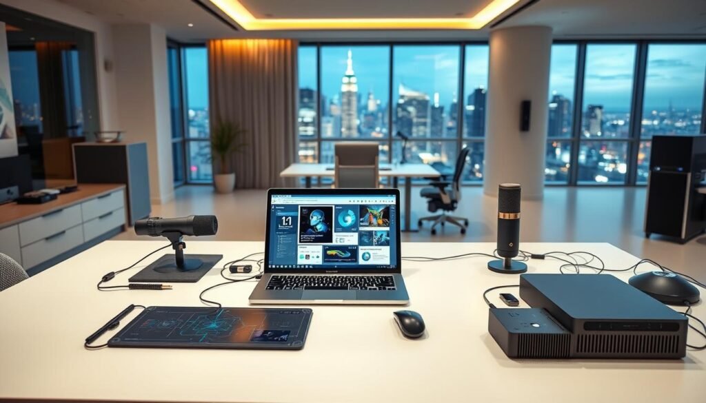 A modern, stylish office setting with a variety of AI content generation tools arranged neatly on a sleek, minimalist desk. In the foreground, an open laptop displays a visually appealing interface with intuitive controls. Surrounding the laptop, an array of devices including a high-end graphics tablet, a professional microphone, and a compact workstation computer. The middle ground features a clean, organized workspace with a modern, ergonomic chair and subtle ambient lighting. In the background, floor-to-ceiling windows provide a panoramic view of a vibrant city skyline, creating a sense of inspiration and creativity. The overall mood is one of technological sophistication, productivity, and endless creative possibilities.
