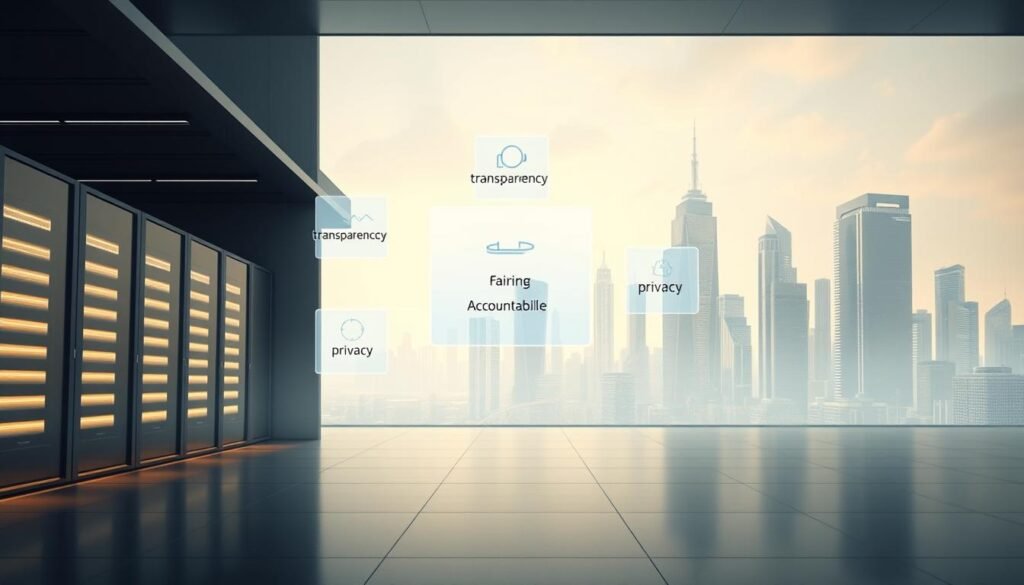 A serene and contemplative scene depicting the core ethical principles of AI systems. In the foreground, a sleek and minimalist structure representing a data center or AI lab, with soft, diffused lighting illuminating the space. In the middle ground, holographic representations of key ethical principles float in the air, such as transparency, fairness, accountability, and privacy. The background features a futuristic, high-tech cityscape, conveying the integration of ethical AI into the modern urban landscape. The overall atmosphere is one of balance, harmony, and a deep consideration for the responsible development and deployment of artificial intelligence.
